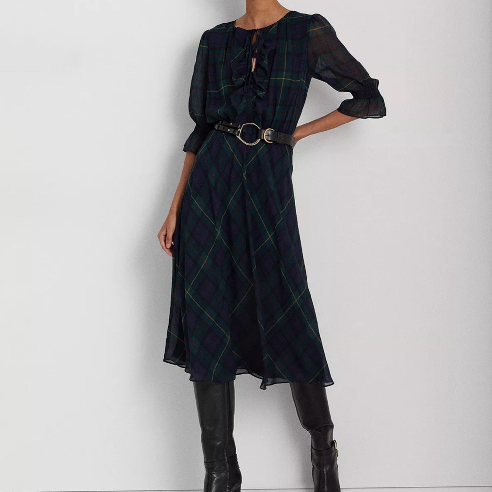 • Lauren Ralph Lauren Plaid Crinkle Georgette Dress •
